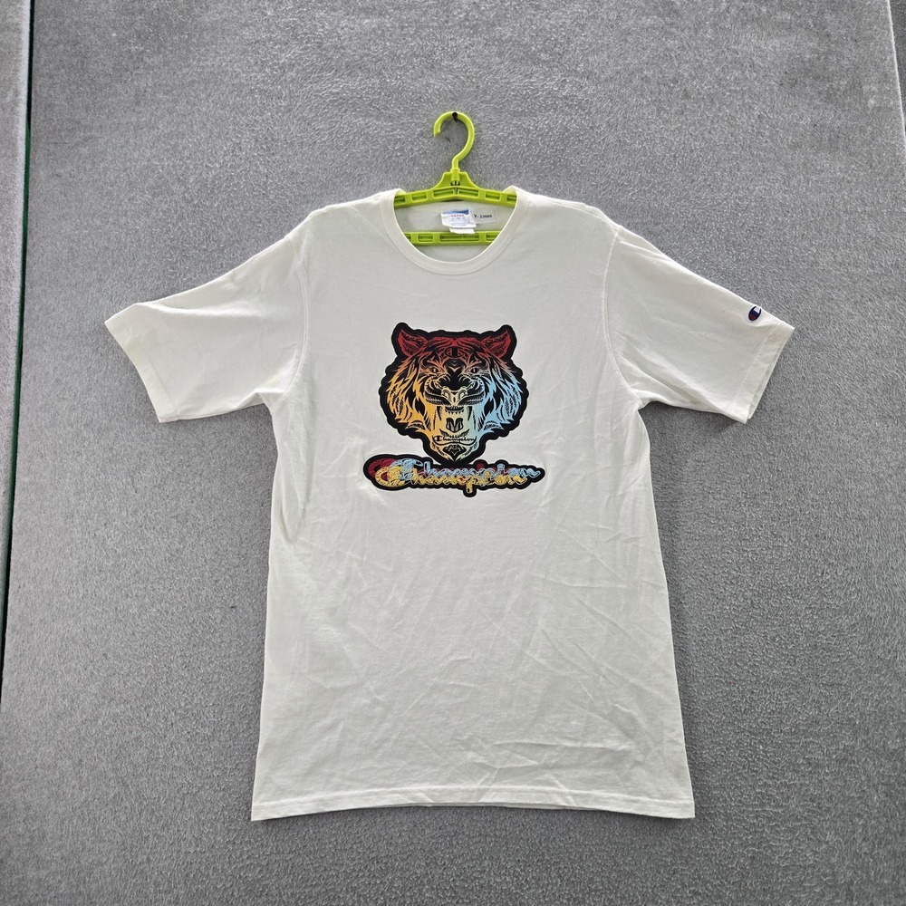 Champion Men Shirt L White Graphic Print Tiger Logo‎ Short Sleeve